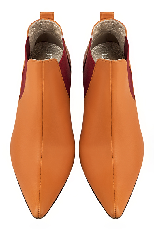 Apricot orange and cardinal red women's ankle boots, with elastics. Tapered toe. Very high block heels. Top view - Florence KOOIJMAN